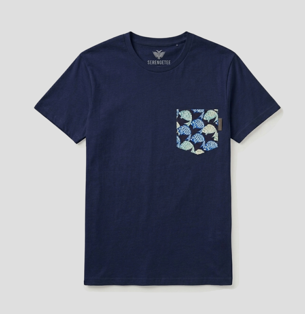 Blue and green fish on a navy background fabric pocket on a navy t-shirt