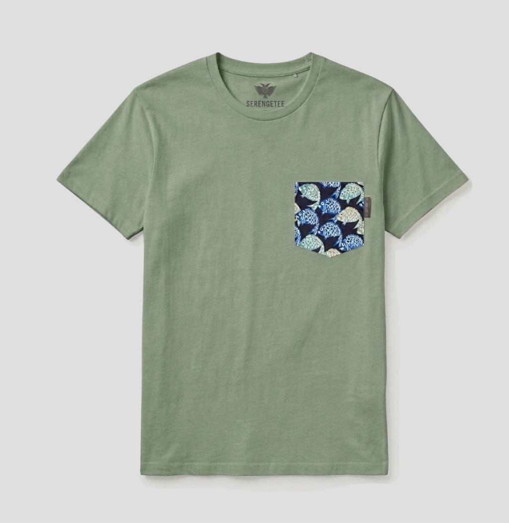 Blue and green fish on a navy background fabric pocket on a sage t-shirt