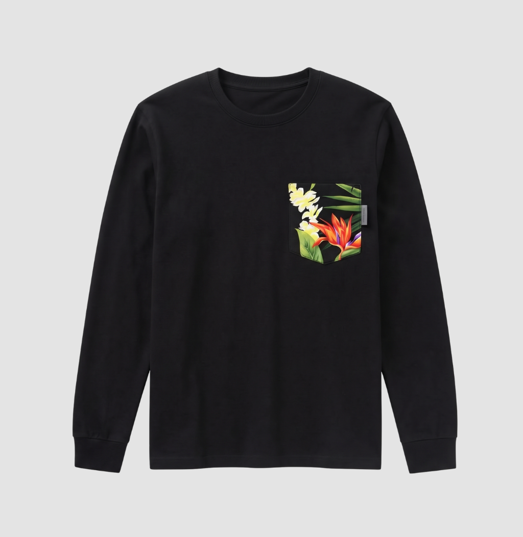 Hawaiian floral pocket on black long sleeve shirt