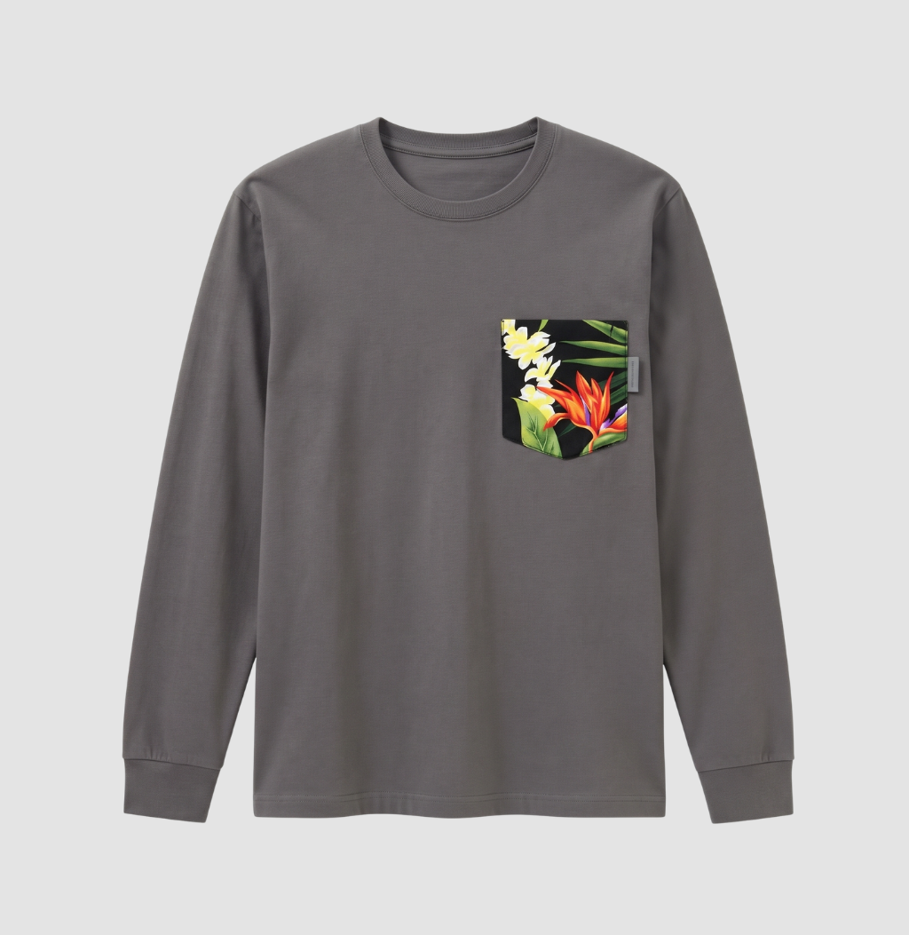 Hawaiian floral pocket on charcoal long sleeve shirt