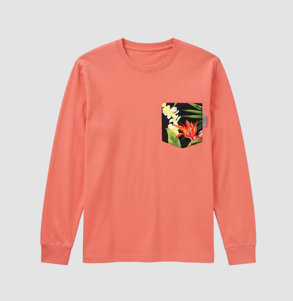 Hawaiian floral pocket on coral long sleeve shirt