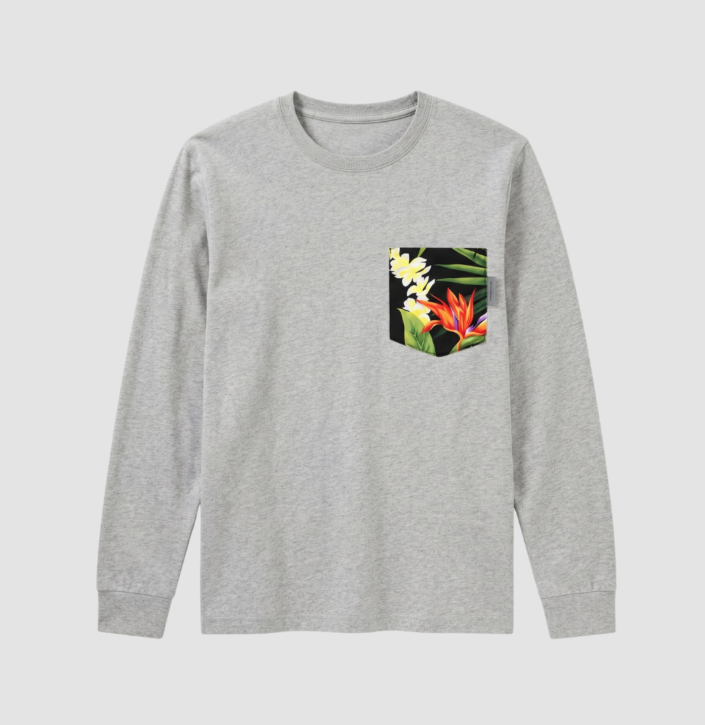 Hawaiian floral pocket on heather long sleeve shirt