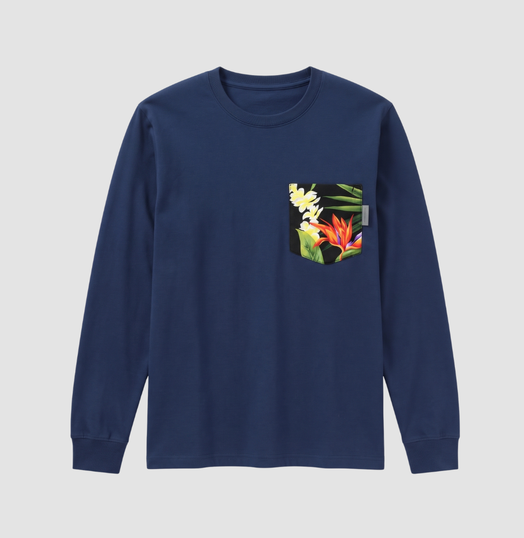 Hawaiian floral pocket on navy long sleeve shirt
