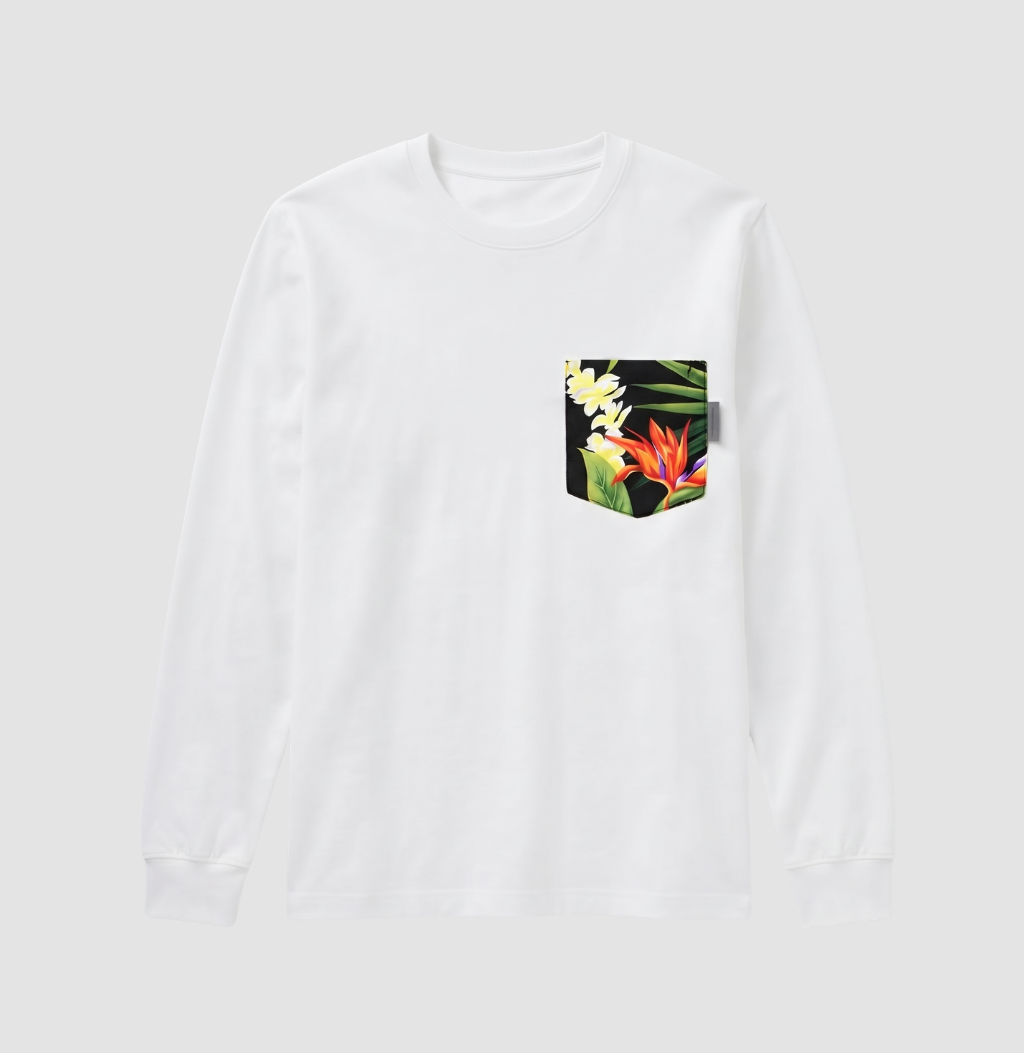 Hawaiian floral pocket on white long sleeve shirt