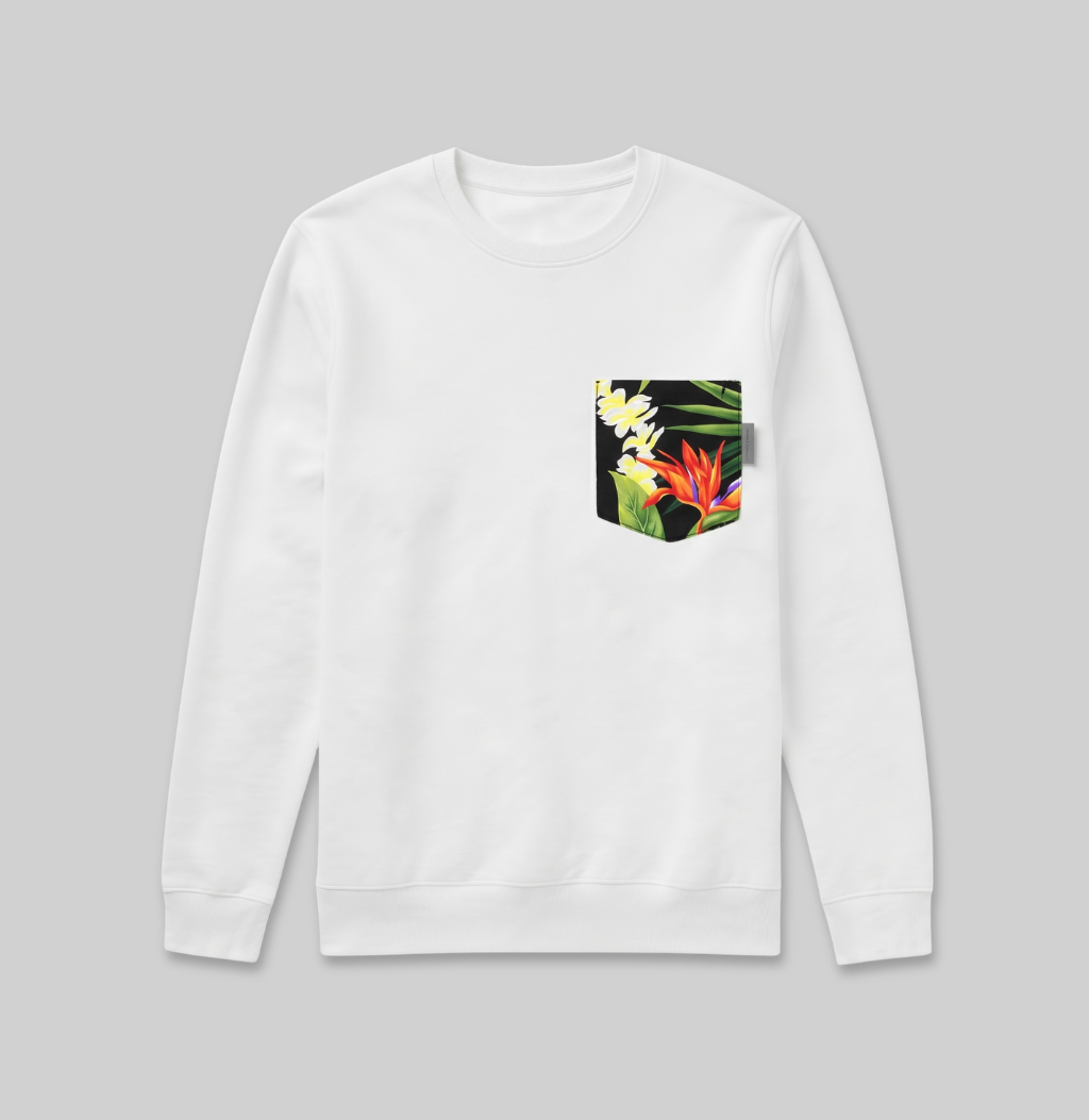 Hawaiian floral pocket on white crew sweatshirt