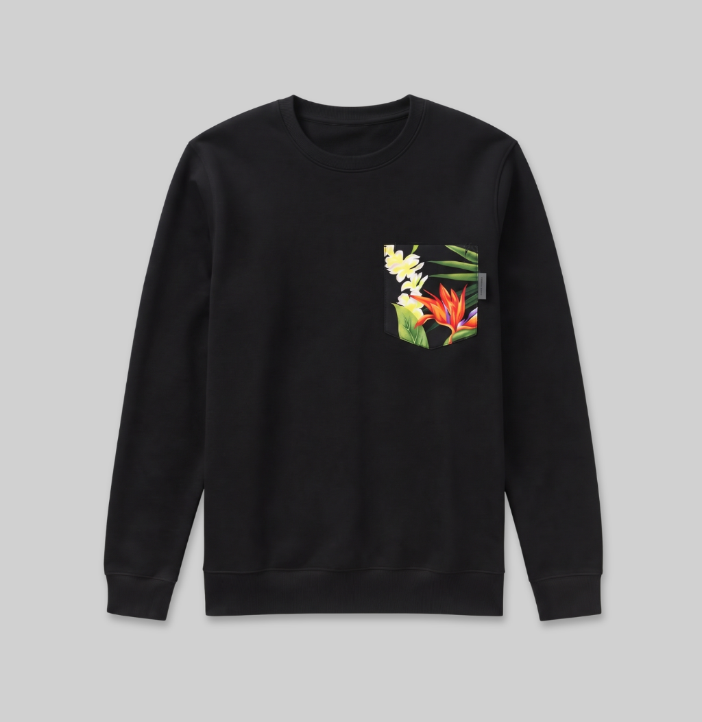 Hawaiian floral pocket on black crew sweatshirt