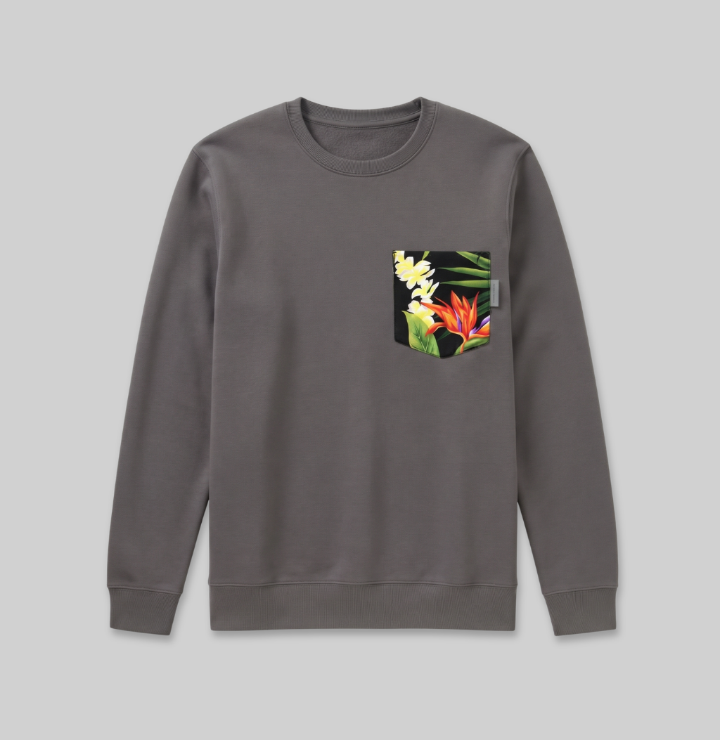 Hawaiian floral pocket on charcoal crew sweatshirt