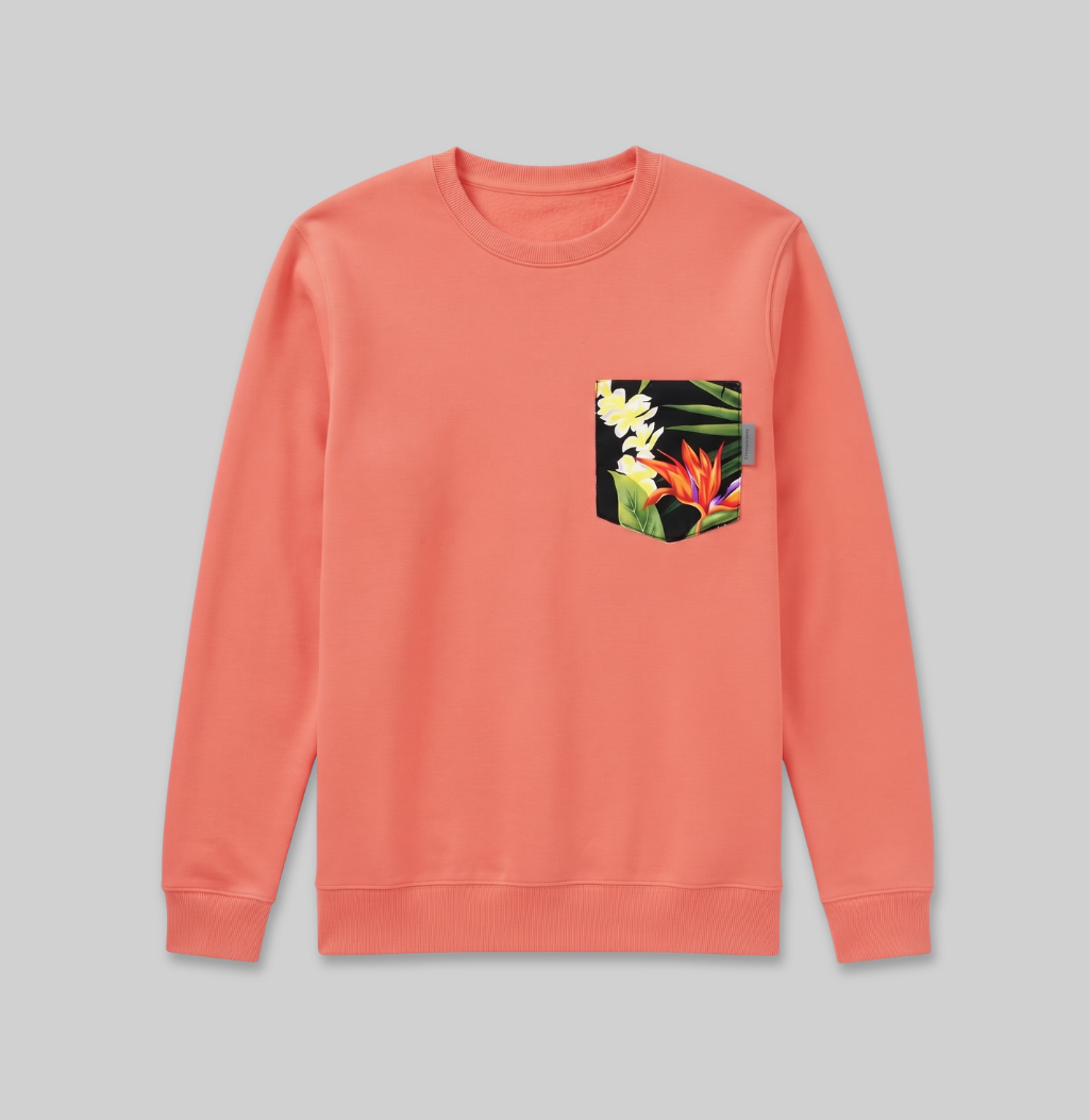 Hawaiian floral pocket on coral crew sweatshirt
