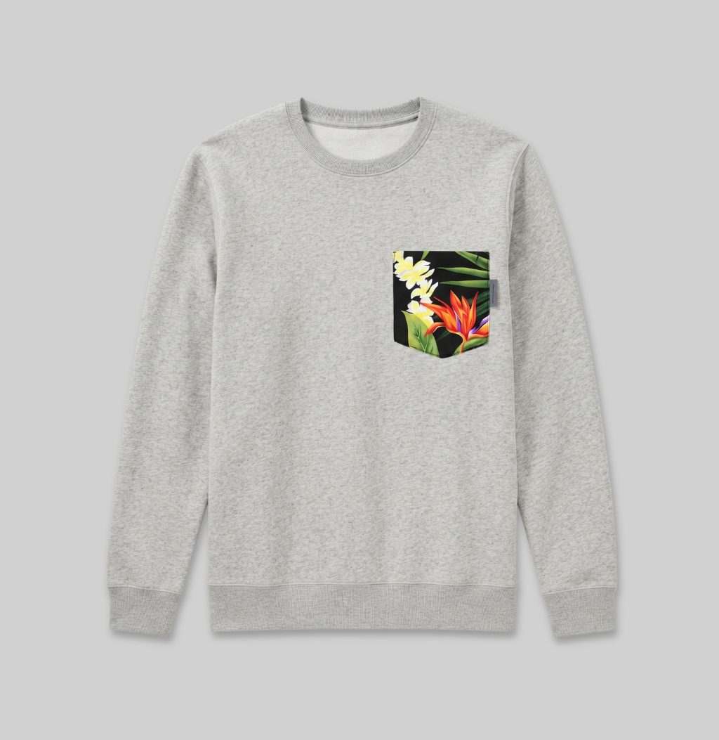 Hawaiian floral pocket on heather crew sweatshirt
