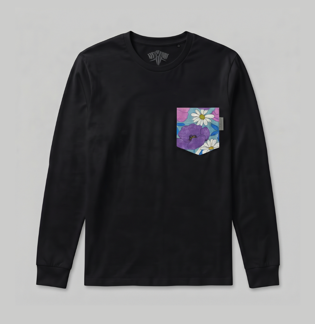 Floral blue and lavender pocket on a black long sleeve shirt