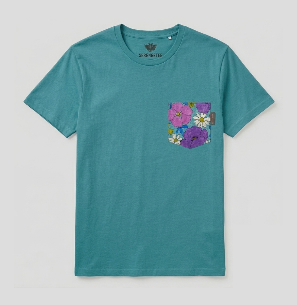 A teal short-sleeve pocket t-shirt by Seven Rivers, featuring a floral pocket print with pink, purple, and white flowers on the left chest, displayed flat against a light gray background.