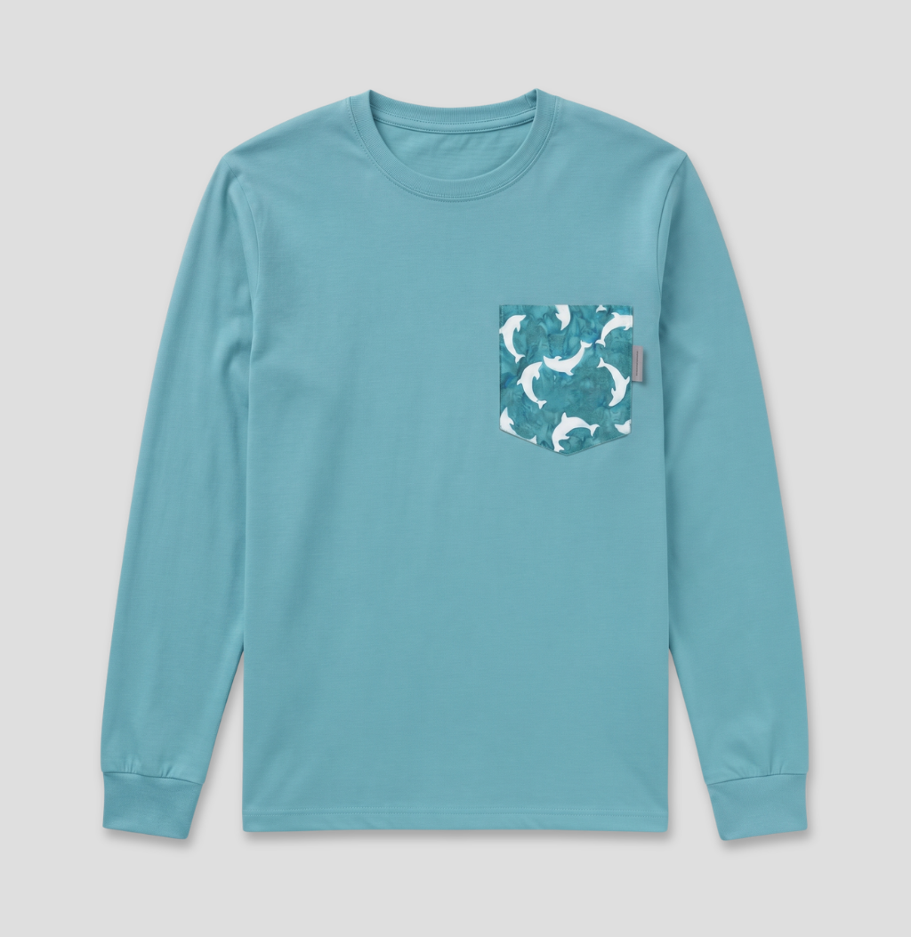 Dolphin fabric pocket on aqua long sleeve