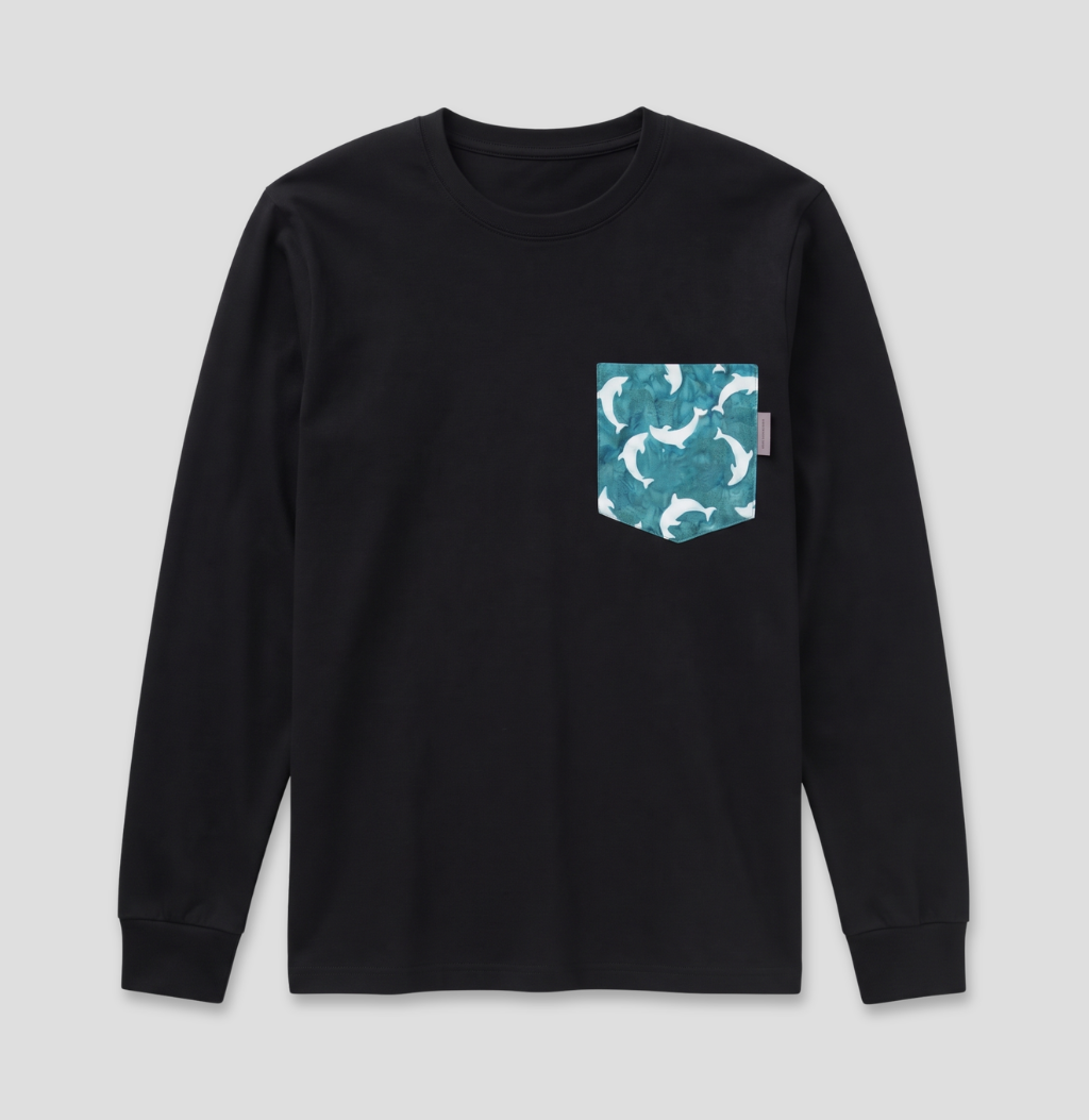 Dolphin fabric pocket on black long sleeve