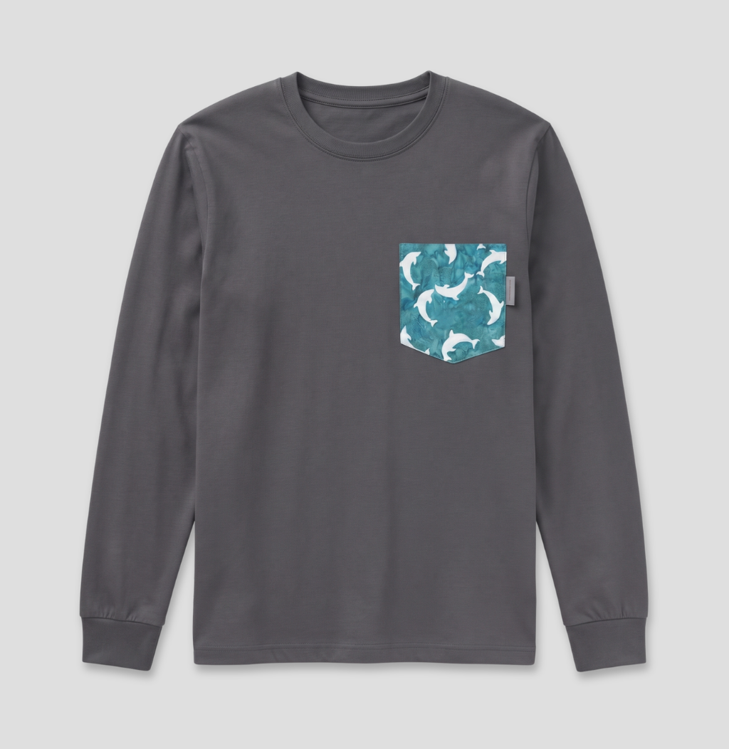 Dolphin fabric pocket on charcoal long sleeve