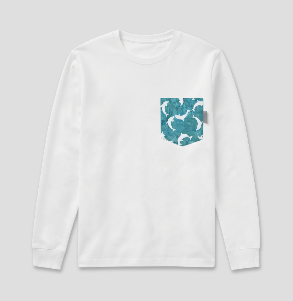 Dolphin fabric pocket on white long sleeve