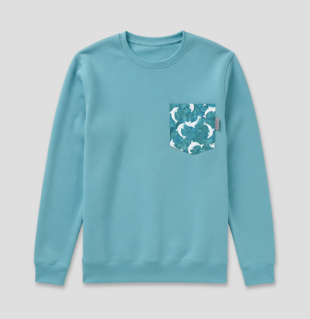 Blue dolphin fabric pocket on aqua crew sweatshirt