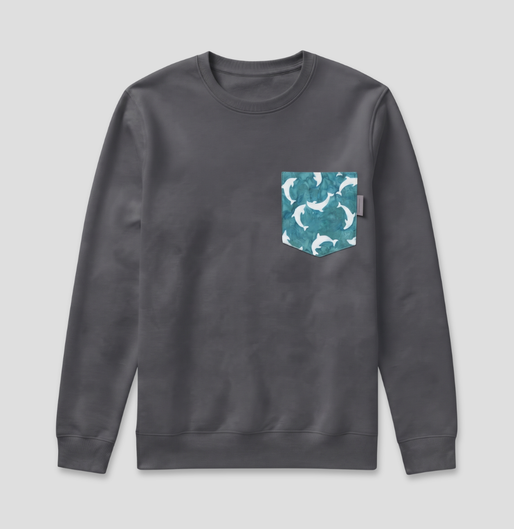 Blue dolphin fabric pocket on charcoal crew sweatshirt