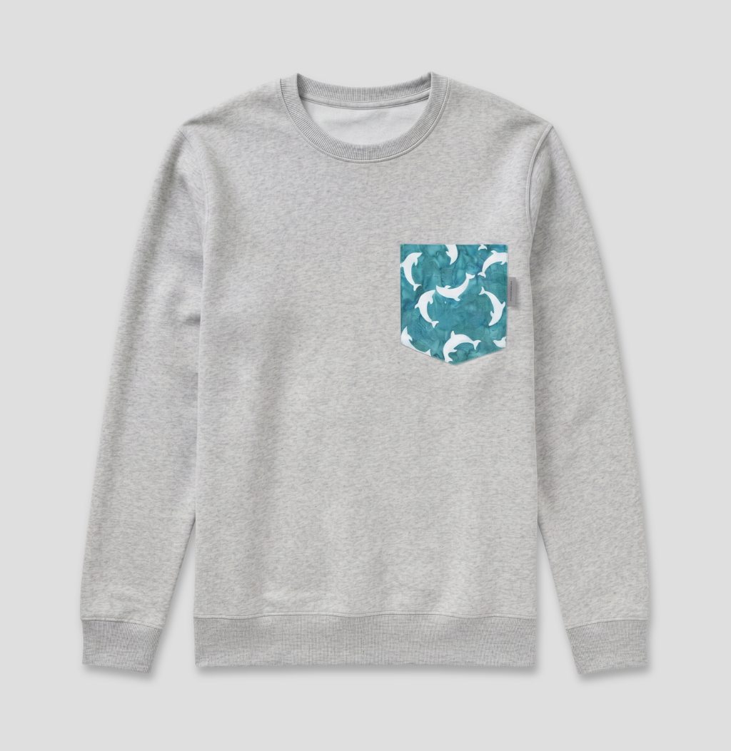 Blue dolphin fabric pocket on heather crew sweatshirt