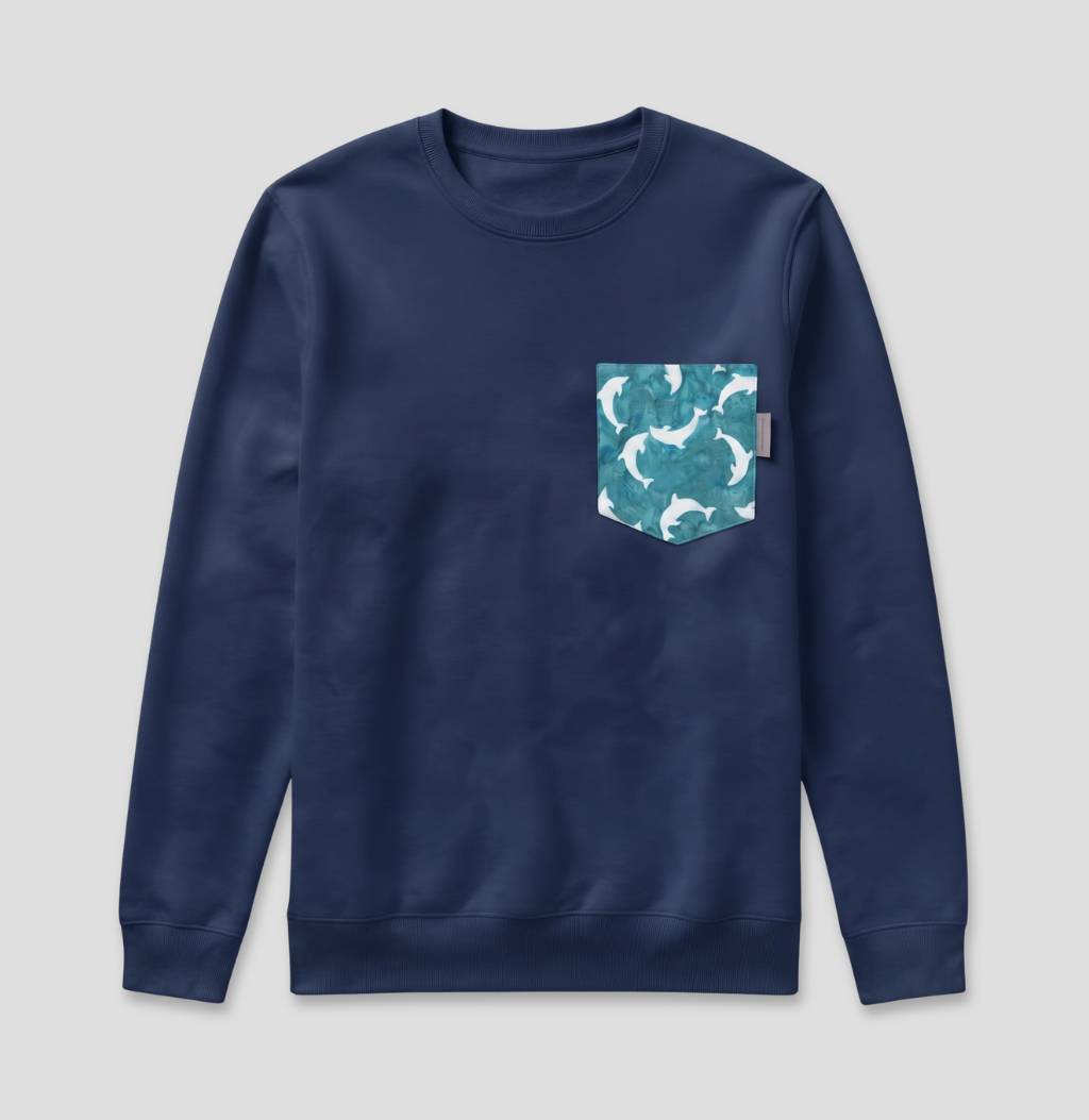 Blue dolphin fabric pocket on navy crew sweatshirt