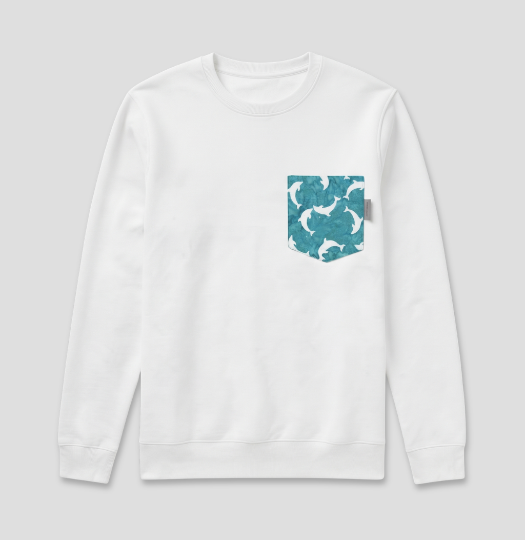 Dolphin fabric pocket on white crew sweatshirt