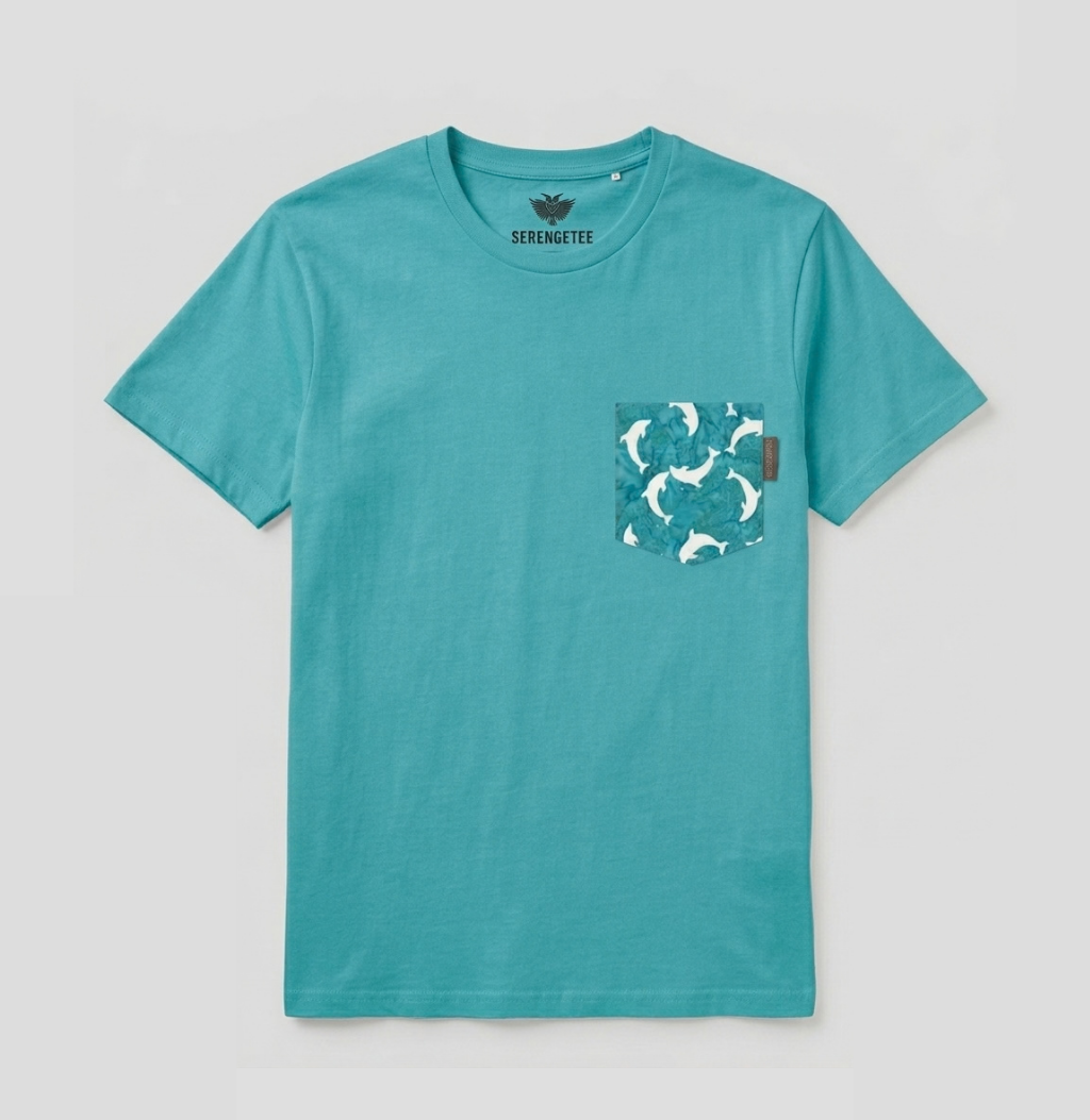 Blue and white dolphin pocket on aqua t-shirt