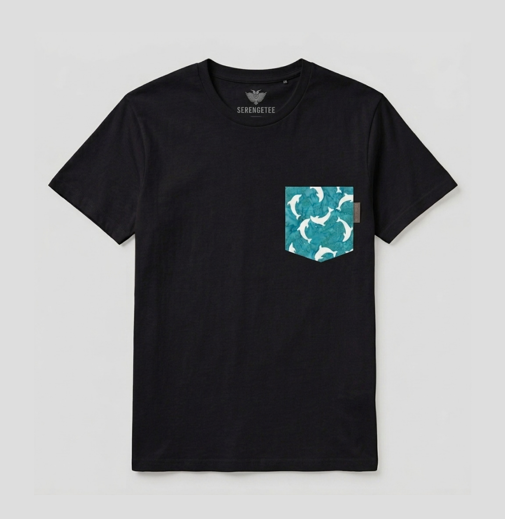 Blue and white dolphin pocket on black t-shirt