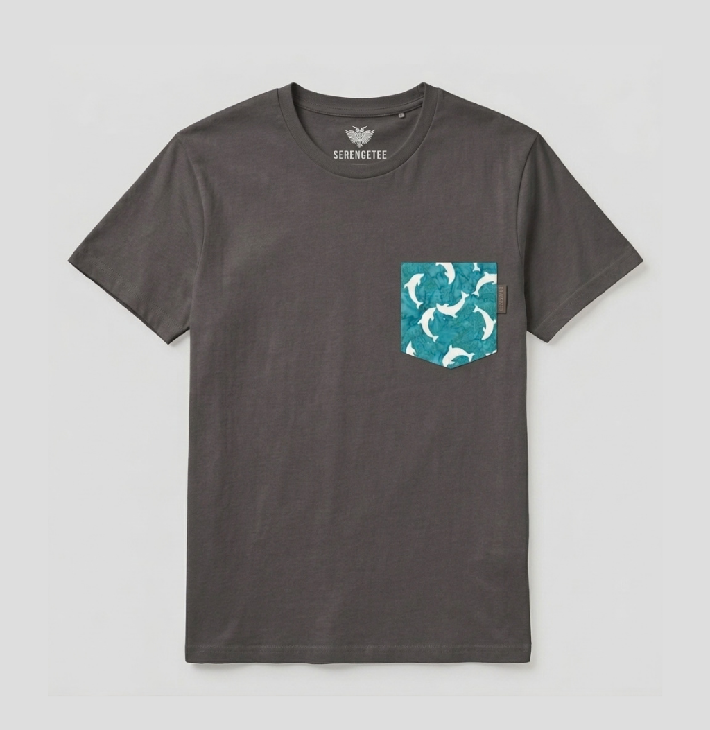 Blue and white dolphin pocket on charcoal t-shirt