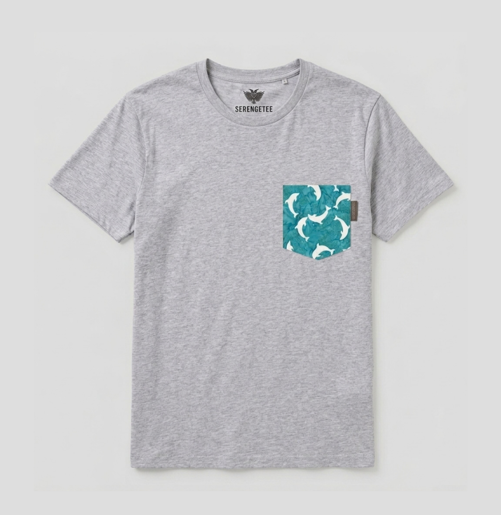 Blue and white dolphin pocket on heather t-shirt