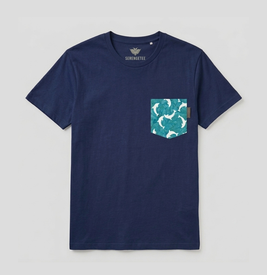 Blue and white dolphin pocket on navy t-shirt