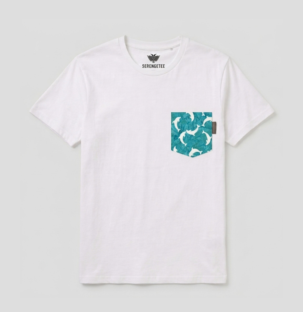 Blue and white dolphin pocket on white t-shirt