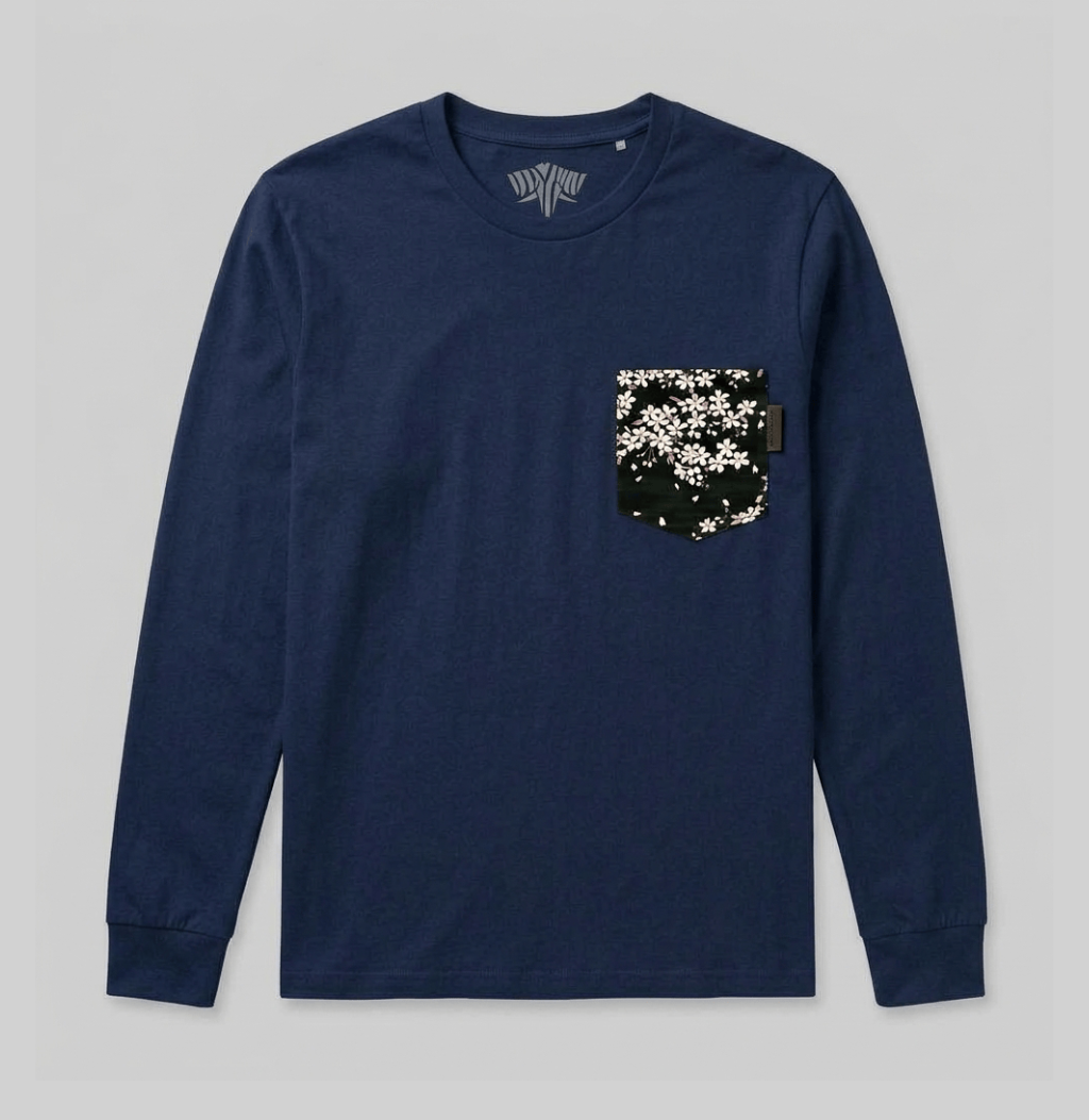 A black floral pattern on a navy long sleeve