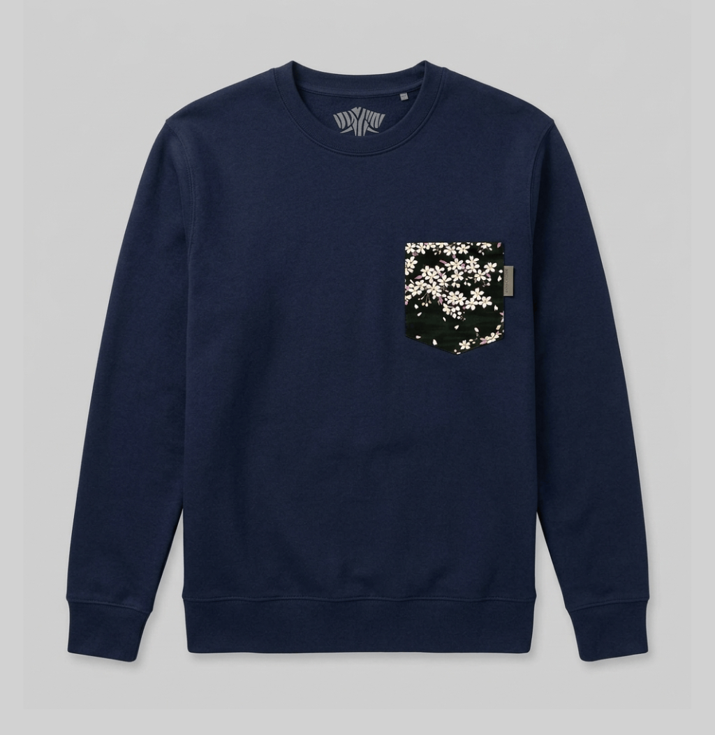 A black floral pattern on a navy crew sweater