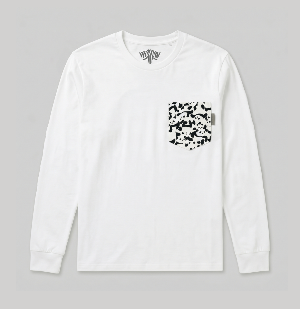 A white long-sleeve crewneck shirt with a black-and-white abstract patterned chest pocket, shown flat against a light gray background.