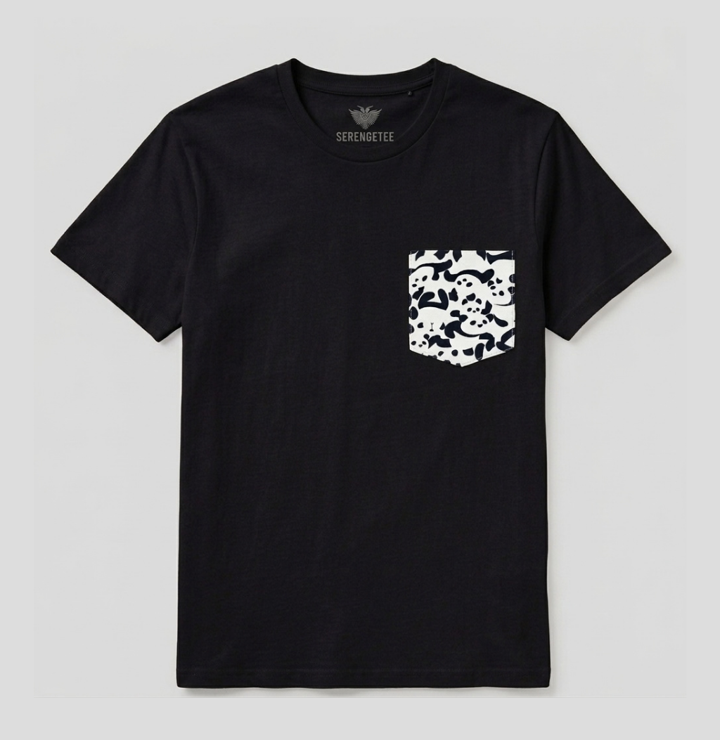 A black short-sleeve crewneck t-shirt with a chest pocket featuring a white and black skull pattern, shown on a light gray background.