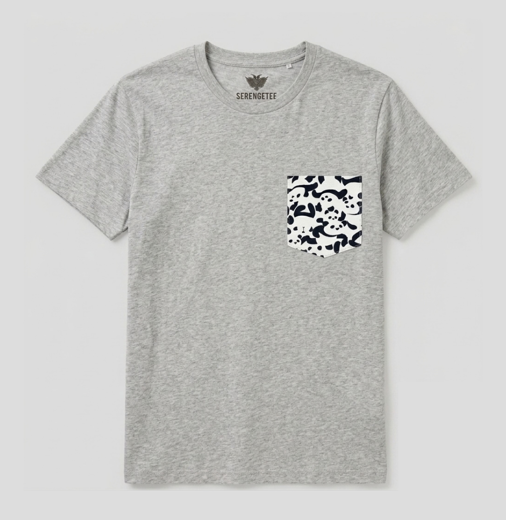 A heather gray crewneck t-shirt with a black and white abstract patterned chest pocket, shown flat on a light gray background. The brand name 'SERPENTINE' is printed inside the collar.