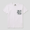 A white short-sleeve crewneck pocket t-shirt by Serengette, featuring a black-and-white abstract patterned pocket on the left chest, displayed flat against a light gray background.