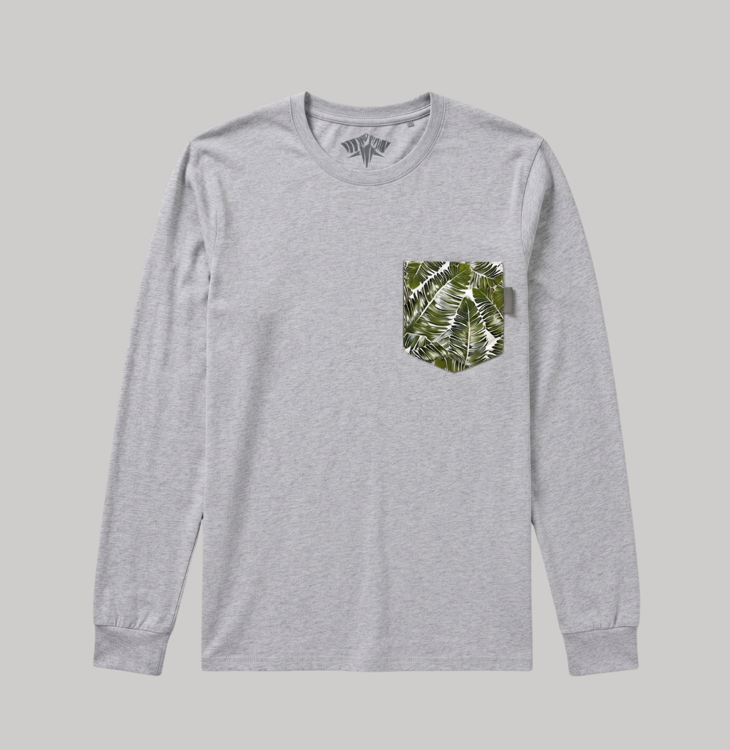 A light heather gray long-sleeve t-shirt with a green and white palm leaf patterned chest pocket, displayed flat against a solid gray background.