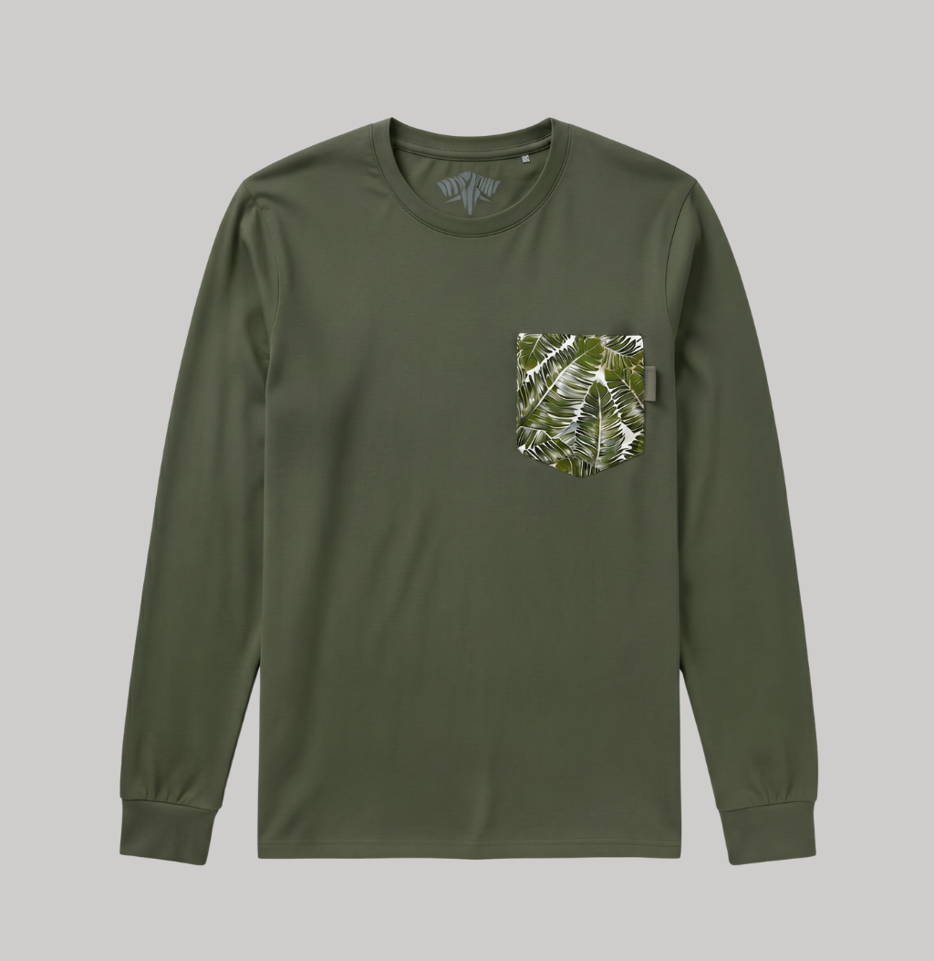 An olive green long-sleeve crewneck shirt with a small chest pocket featuring a green and white tropical leaf pattern, displayed on a solid gray background.