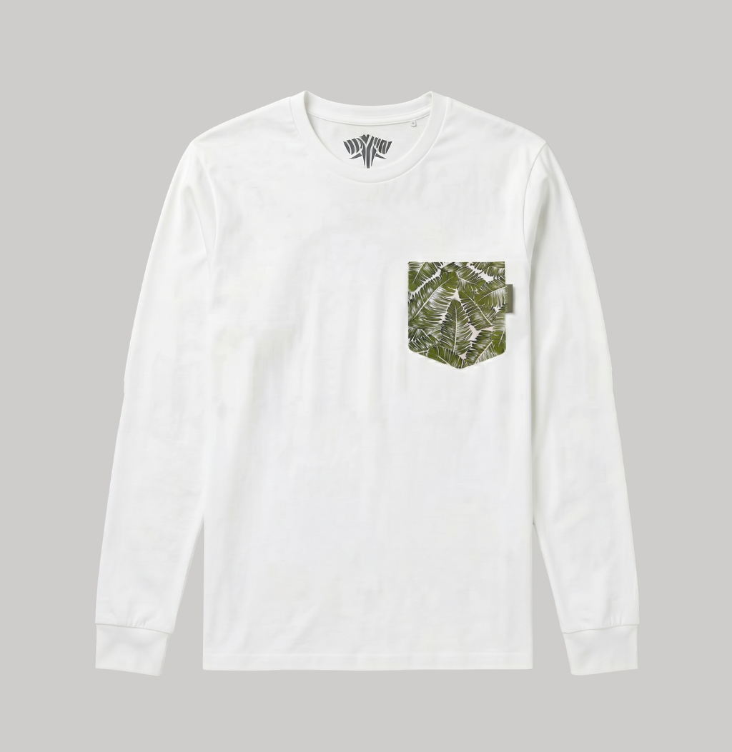 A white long-sleeve crewneck shirt with a green and white leaf-patterned chest pocket, displayed on a neutral gray background.