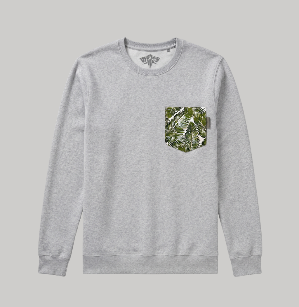 A light gray heather crewneck sweatshirt with a green and white tropical leaf pattern pocket on the left chest, displayed on a solid gray background.