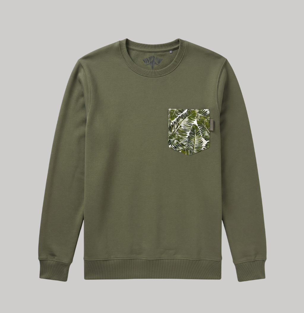 An olive green crewneck sweatshirt with a chest pocket featuring a tropical leaf print pattern, shown against a solid gray background.