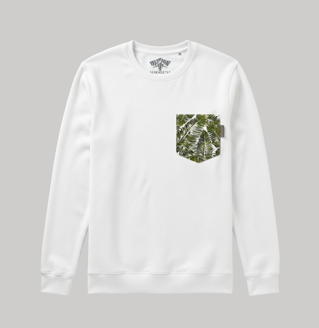 A white crewneck sweatshirt with a green and white palm leaf patterned pocket on the left chest, displayed on a solid gray background.