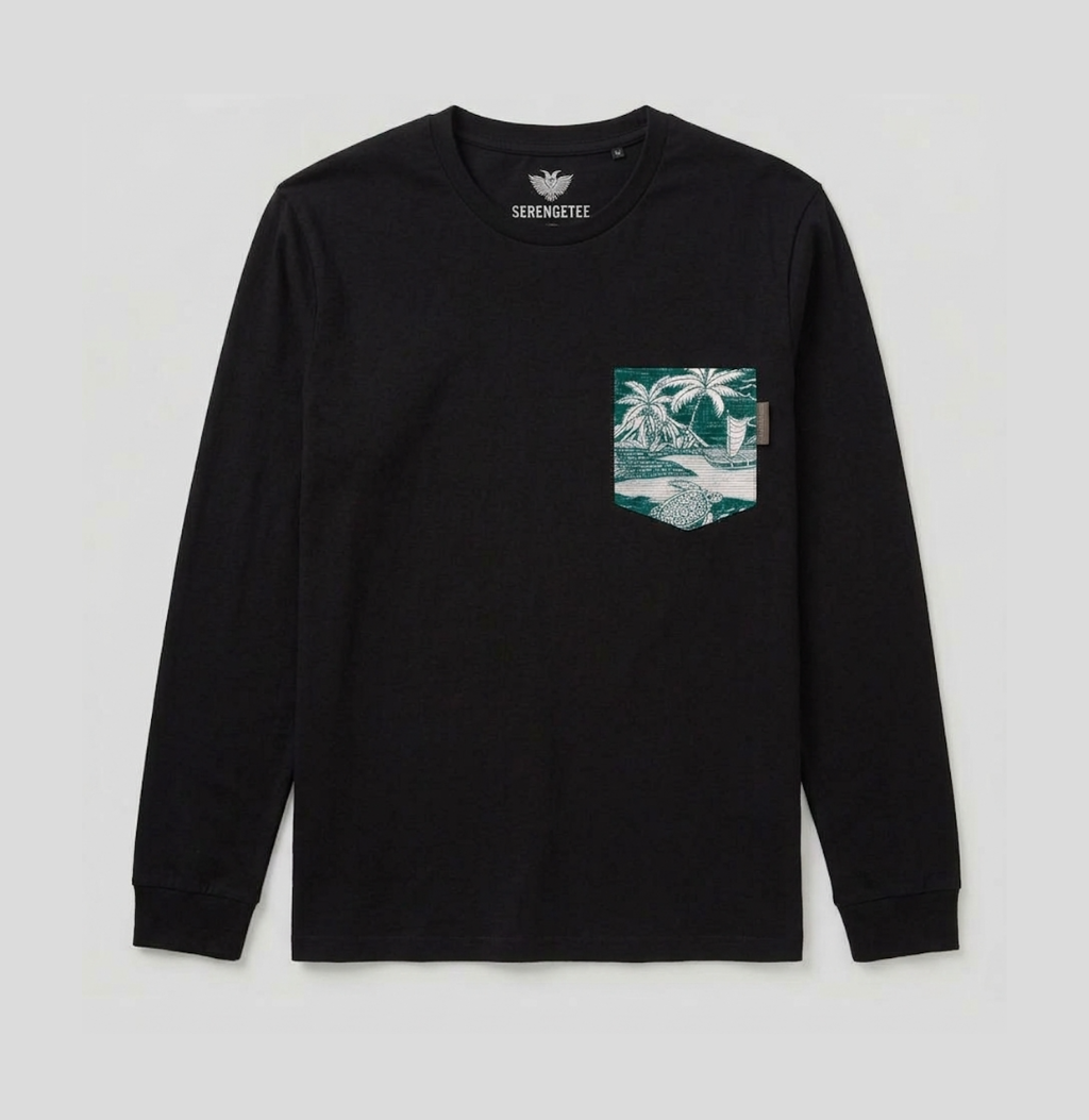 A black long-sleeve crewneck shirt by Serromet, featuring a small chest pocket with a teal and white palm tree graphic print.