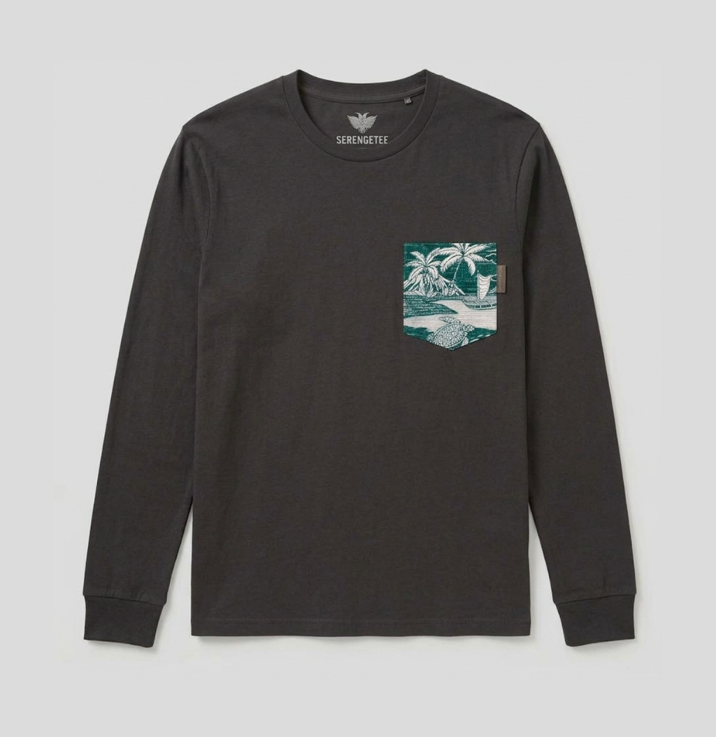 A dark charcoal gray long-sleeve t-shirt with a graphic pocket on the left chest featuring a teal and white tropical palm tree illustration, shown against a light gray background.