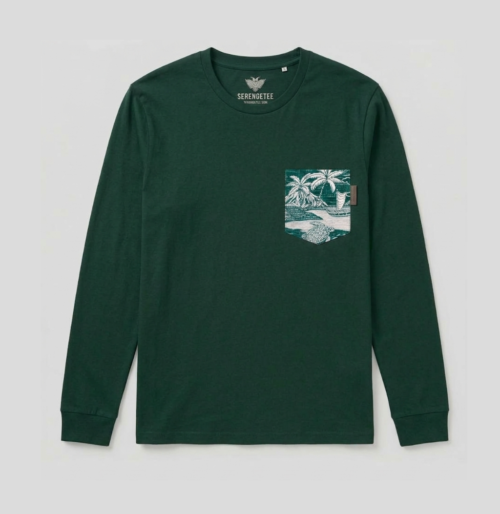 A dark green long-sleeve crewneck shirt by Sermentale, featuring a graphic print on the left chest pocket with a tropical beach scene and a small red brand tag.