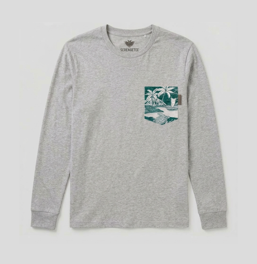 A heather gray long-sleeve crewneck shirt by Serpentine, featuring a green and white tropical palm tree graphic printed on the left chest.