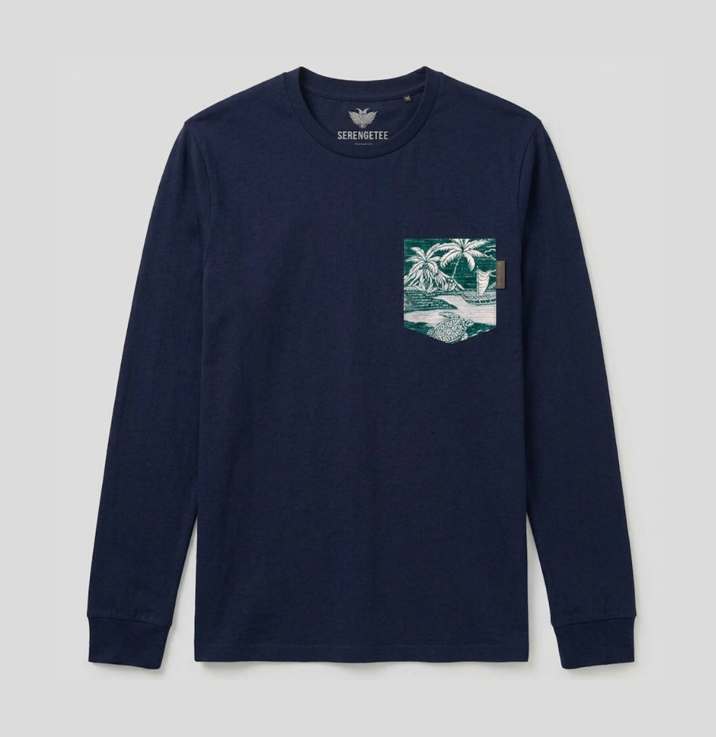 A dark navy blue long-sleeve crewneck shirt by SkjernMTEL, featuring a small chest pocket with a green and white tropical palm tree graphic.