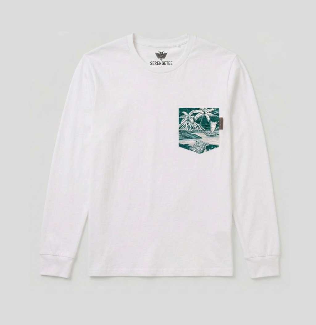 A white long-sleeve crewneck t-shirt by Serpentine, featuring a green and white tropical palm tree graphic printed on the left chest pocket area.