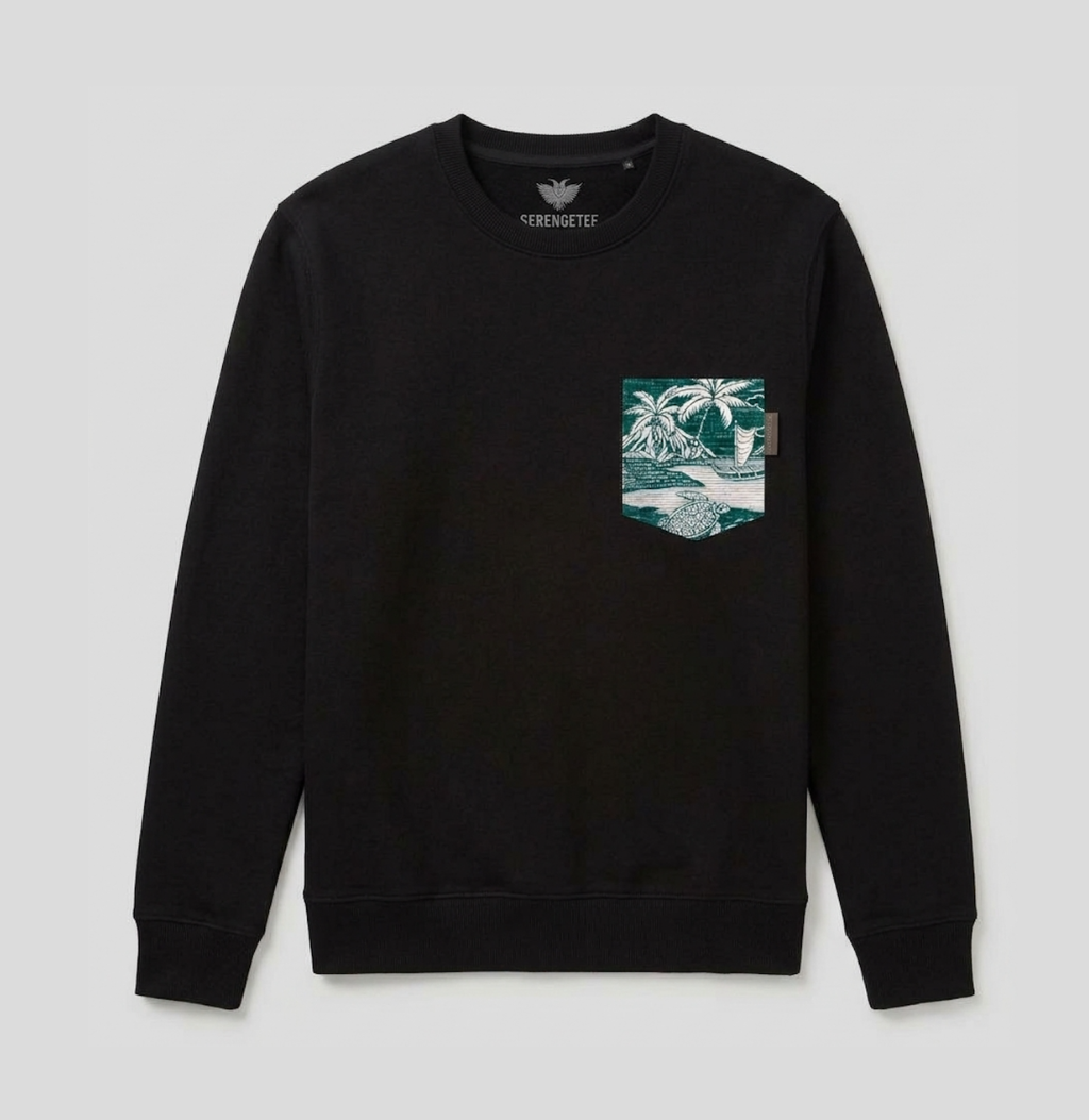 A black crewneck sweatshirt with a chest pocket featuring a teal and white tropical palm tree graphic, shown against a light gray background.