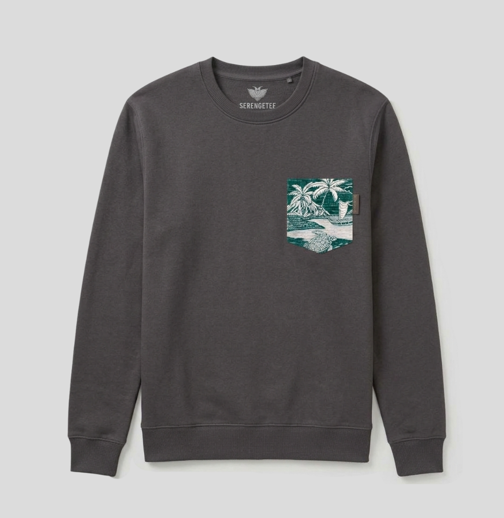 A dark gray crewneck sweatshirt with a graphic chest pocket featuring a teal and white tropical palm tree design. The brand name 'SERMETTE' is printed inside the collar.